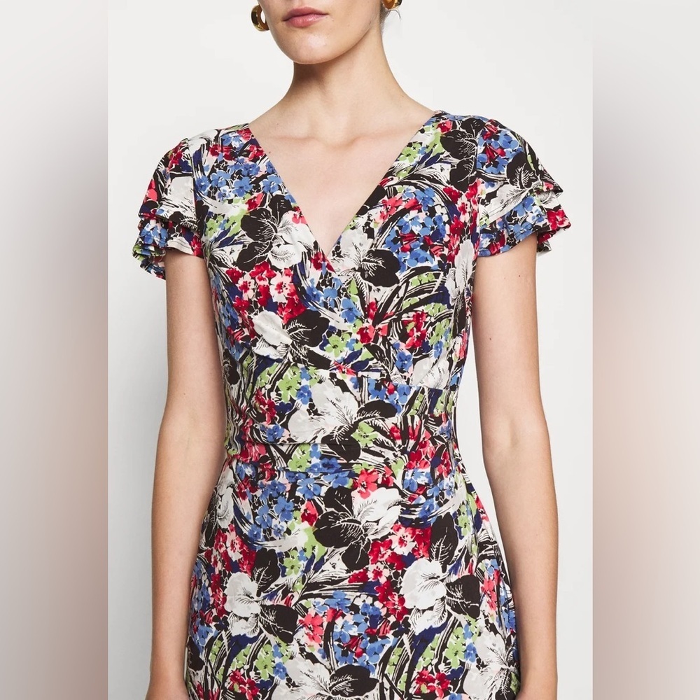 Lauren Ralph Lauren Floral Jersey Flutter-Sleeve Surplice Dress Lined Size 8 - Picture 2 of 15